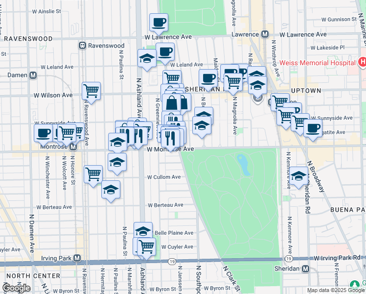 map of restaurants, bars, coffee shops, grocery stores, and more near 1412 West Montrose Avenue in Chicago