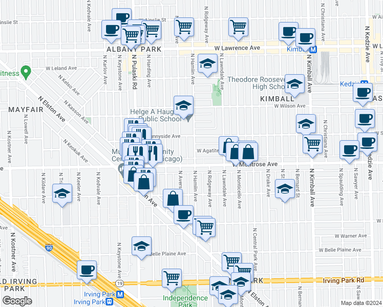 map of restaurants, bars, coffee shops, grocery stores, and more near 4422 North Hamlin Avenue in Chicago