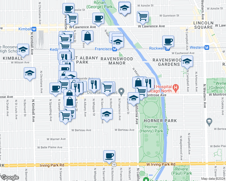 map of restaurants, bars, coffee shops, grocery stores, and more near 4415 North Richmond Street in Chicago