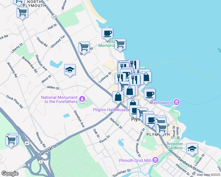 map of restaurants, bars, coffee shops, grocery stores, and more near 16 Murray Street in Plymouth