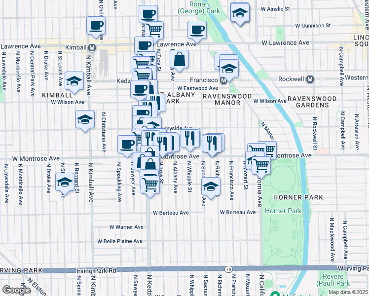 map of restaurants, bars, coffee shops, grocery stores, and more near 4442 North Whipple Street in Chicago