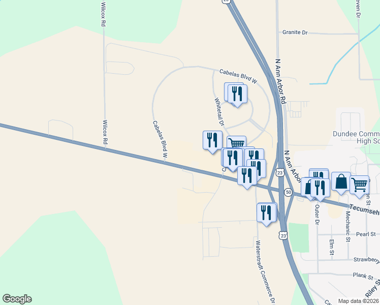 map of restaurants, bars, coffee shops, grocery stores, and more near Cabelas Boulevard West in Dundee