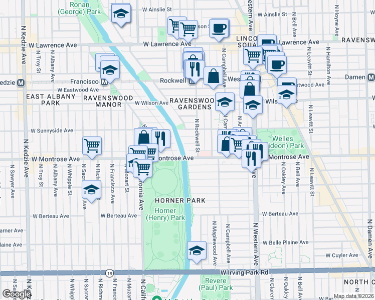 map of restaurants, bars, coffee shops, grocery stores, and more near 2620 West Agatite Avenue in Chicago