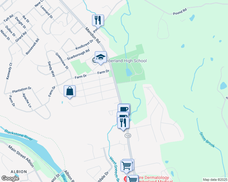 map of restaurants, bars, coffee shops, grocery stores, and more near 2556 Mendon Road in Cumberland