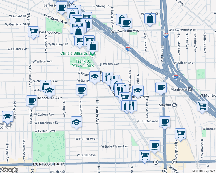 map of restaurants, bars, coffee shops, grocery stores, and more near 4440 North Milwaukee Avenue in Chicago
