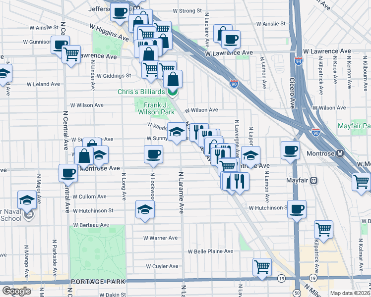 map of restaurants, bars, coffee shops, grocery stores, and more near 5152 West Sunnyside Avenue in Chicago