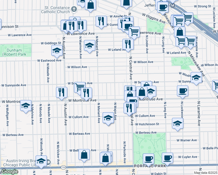 map of restaurants, bars, coffee shops, grocery stores, and more near 5730 West Sunnyside Avenue in Chicago