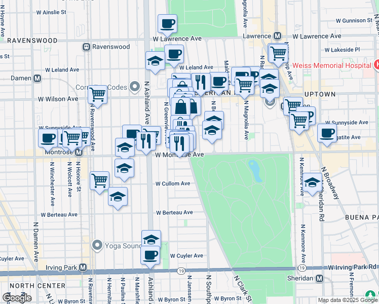 map of restaurants, bars, coffee shops, grocery stores, and more near 4401 North Clark Street in Chicago