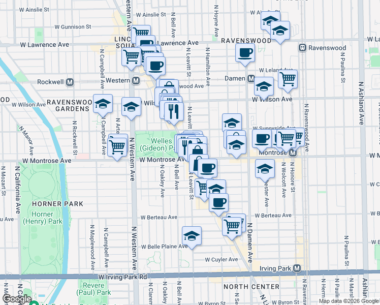 map of restaurants, bars, coffee shops, grocery stores, and more near 4498 N Leavitt St in Chicago