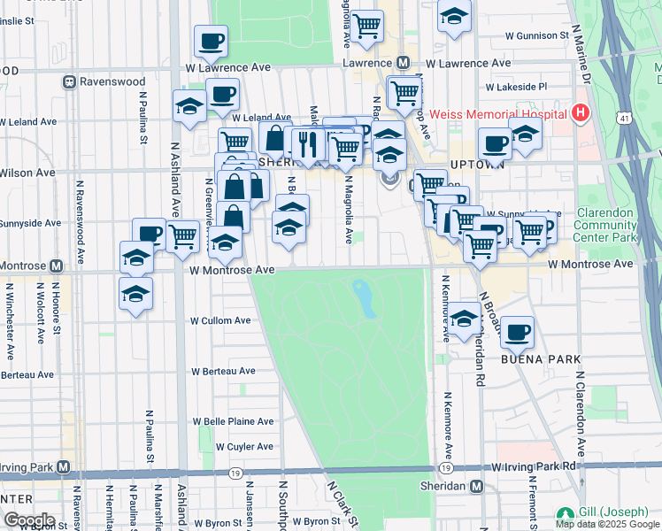 map of restaurants, bars, coffee shops, grocery stores, and more near 4424 North Magnolia Avenue in Chicago