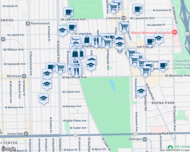 map of restaurants, bars, coffee shops, grocery stores, and more near 4426 North Malden Street in Chicago