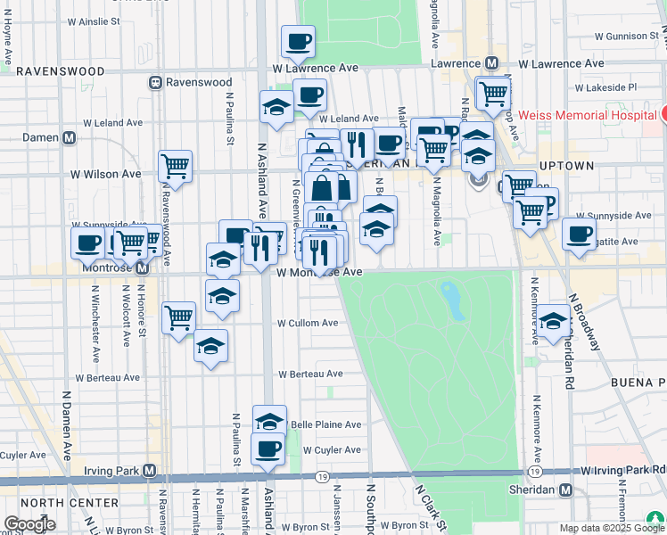 map of restaurants, bars, coffee shops, grocery stores, and more near 4415 North Clark Street in Chicago