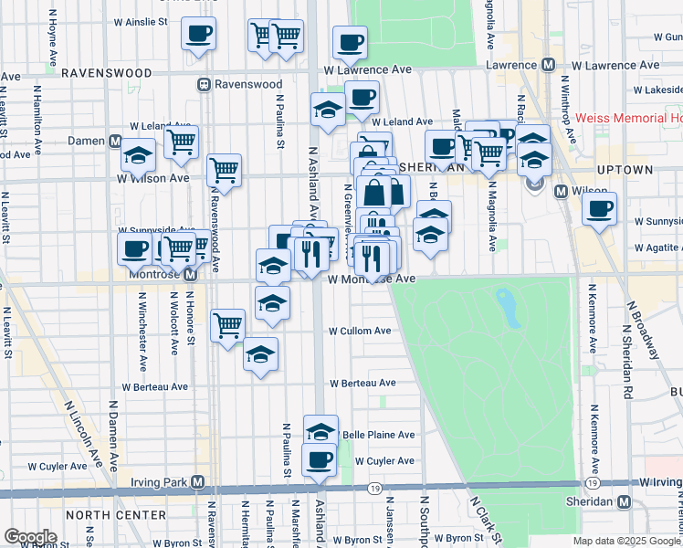 map of restaurants, bars, coffee shops, grocery stores, and more near 4423 North Greenview Avenue in Chicago