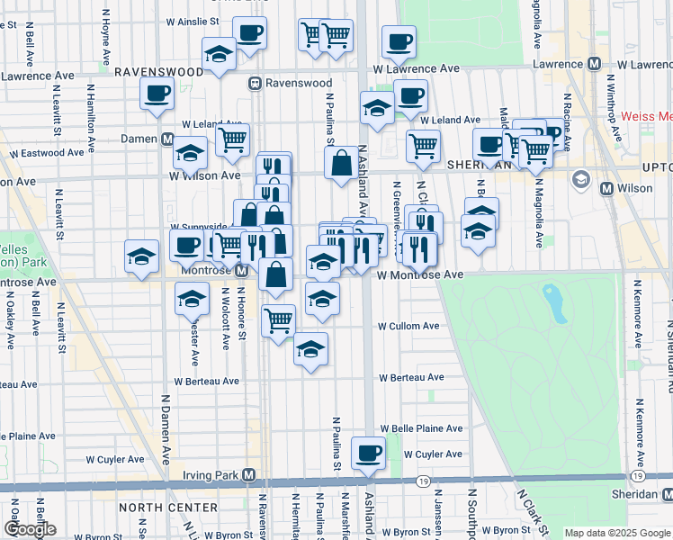 map of restaurants, bars, coffee shops, grocery stores, and more near 4431 North Paulina Street in Chicago