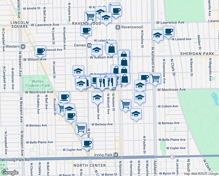 map of restaurants, bars, coffee shops, grocery stores, and more near 4432 North Wolcott Avenue in Chicago