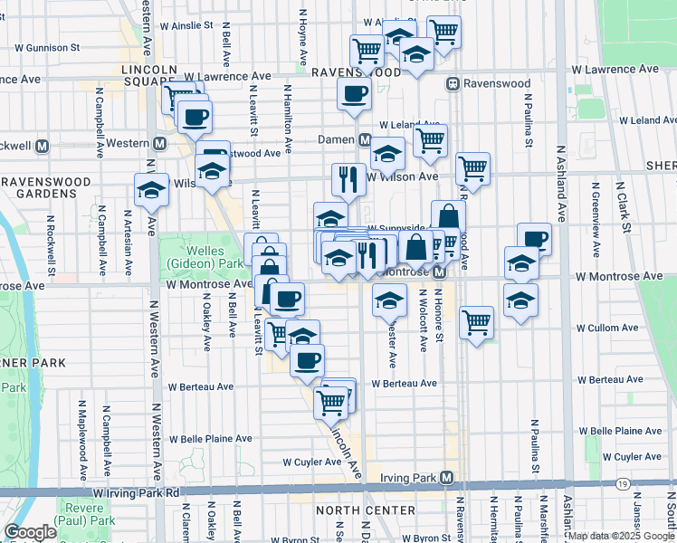 map of restaurants, bars, coffee shops, grocery stores, and more near 4432 North Damen Avenue in Chicago
