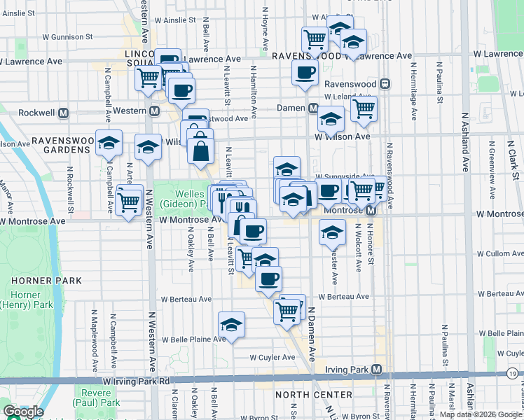 map of restaurants, bars, coffee shops, grocery stores, and more near 2126 West Agatite Avenue in Chicago