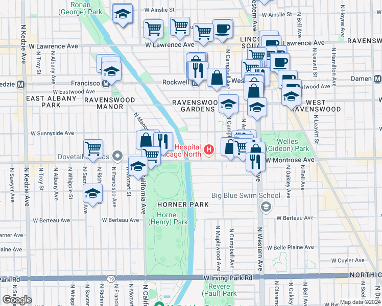 map of restaurants, bars, coffee shops, grocery stores, and more near 2620 West Agatite Avenue in Chicago