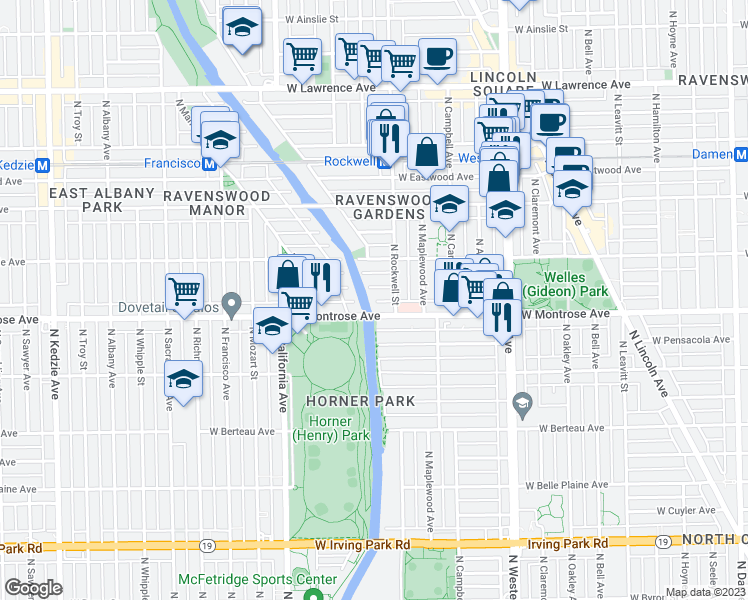 map of restaurants, bars, coffee shops, grocery stores, and more near 2620 West Agatite Avenue in Chicago