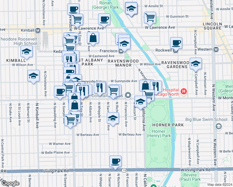 map of restaurants, bars, coffee shops, grocery stores, and more near 4443 North Richmond Street in Chicago