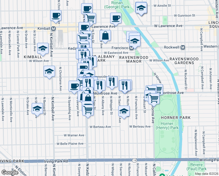 map of restaurants, bars, coffee shops, grocery stores, and more near 4442 North Whipple Street in Chicago