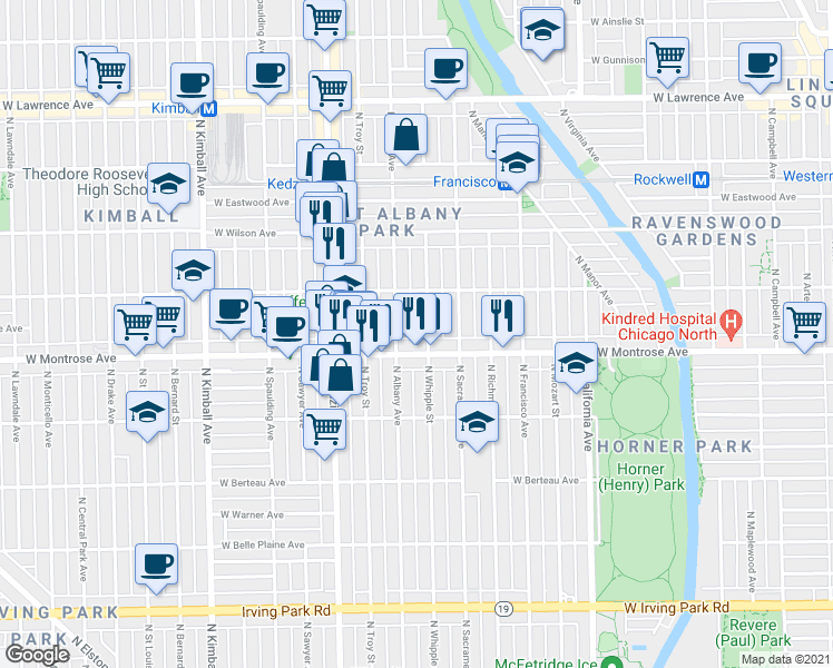 map of restaurants, bars, coffee shops, grocery stores, and more near 4442 North Whipple Street in Chicago