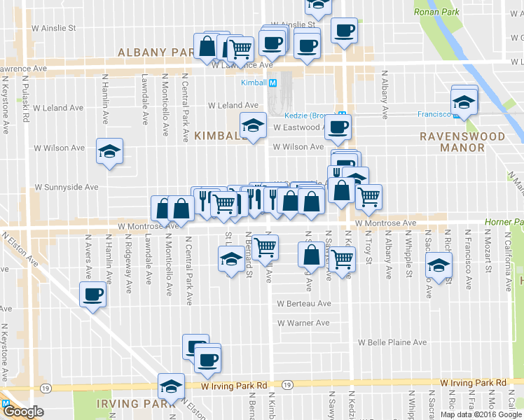map of restaurants, bars, coffee shops, grocery stores, and more near 4445 North Bernard Street in Chicago