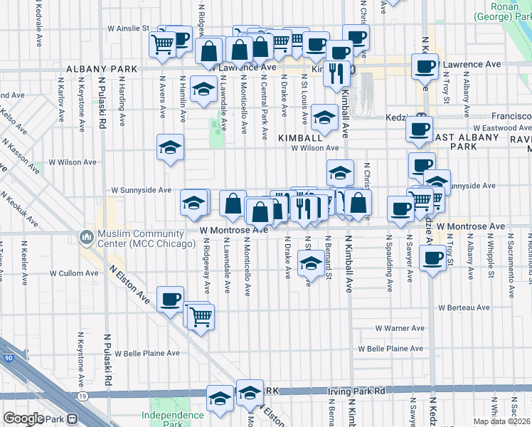 map of restaurants, bars, coffee shops, grocery stores, and more near 4446 North Central Park Avenue in Chicago