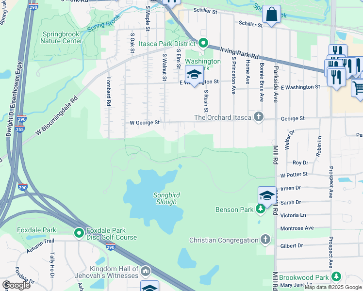 map of restaurants, bars, coffee shops, grocery stores, and more near 308 Irving Park Road in Itasca