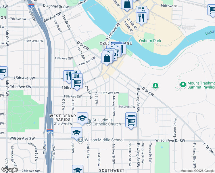 map of restaurants, bars, coffee shops, grocery stores, and more near 130 17th Avenue Southwest in Cedar Rapids