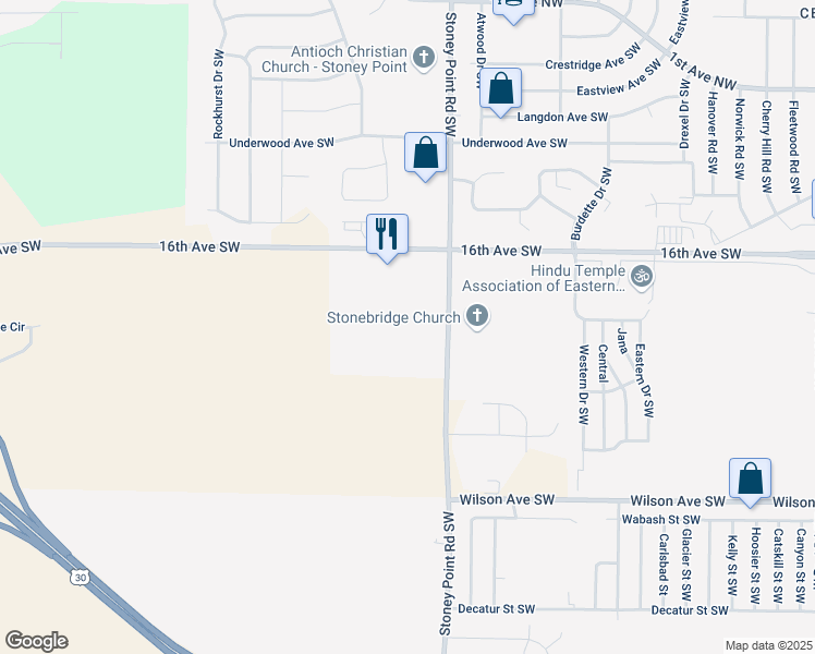 map of restaurants, bars, coffee shops, grocery stores, and more near 6677 16th Avenue Southwest in Cedar Rapids