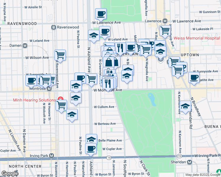 map of restaurants, bars, coffee shops, grocery stores, and more near 4415 North Clark Street in Chicago