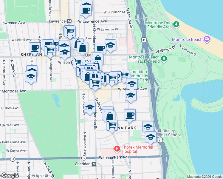 map of restaurants, bars, coffee shops, grocery stores, and more near North Hazel Street in Chicago