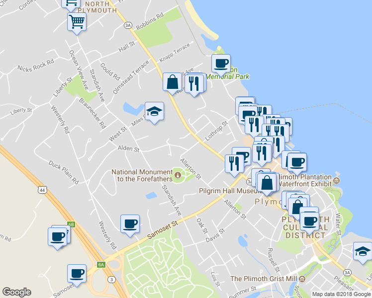 map of restaurants, bars, coffee shops, grocery stores, and more near 4 Alden Street in Plymouth