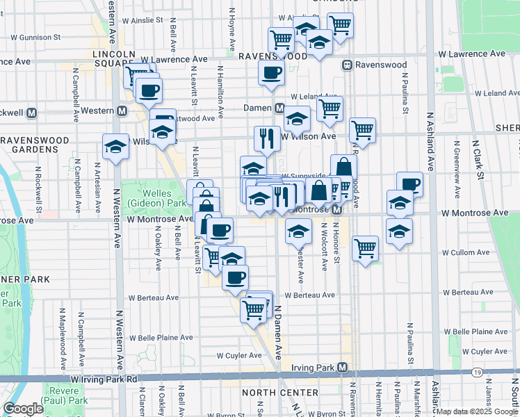 map of restaurants, bars, coffee shops, grocery stores, and more near 4432 North Damen Avenue in Chicago