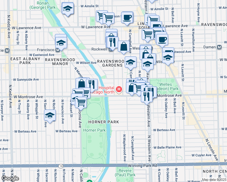 map of restaurants, bars, coffee shops, grocery stores, and more near 4412 North Rockwell Street in Chicago