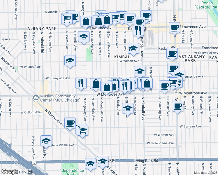 map of restaurants, bars, coffee shops, grocery stores, and more near 4446 North Central Park Avenue in Chicago