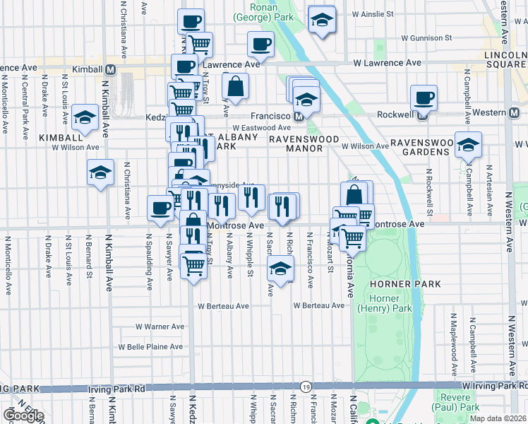 map of restaurants, bars, coffee shops, grocery stores, and more near 4418 North Sacramento Avenue in Chicago