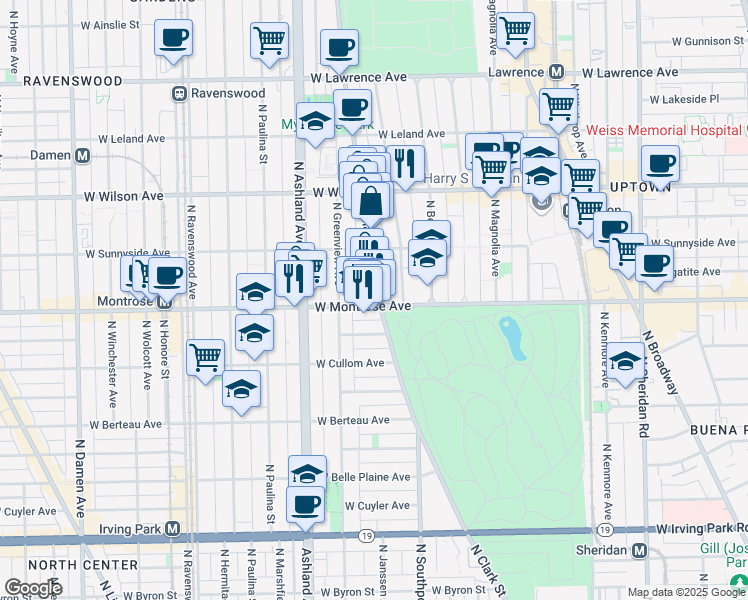 map of restaurants, bars, coffee shops, grocery stores, and more near 4415 North Clark Street in Chicago