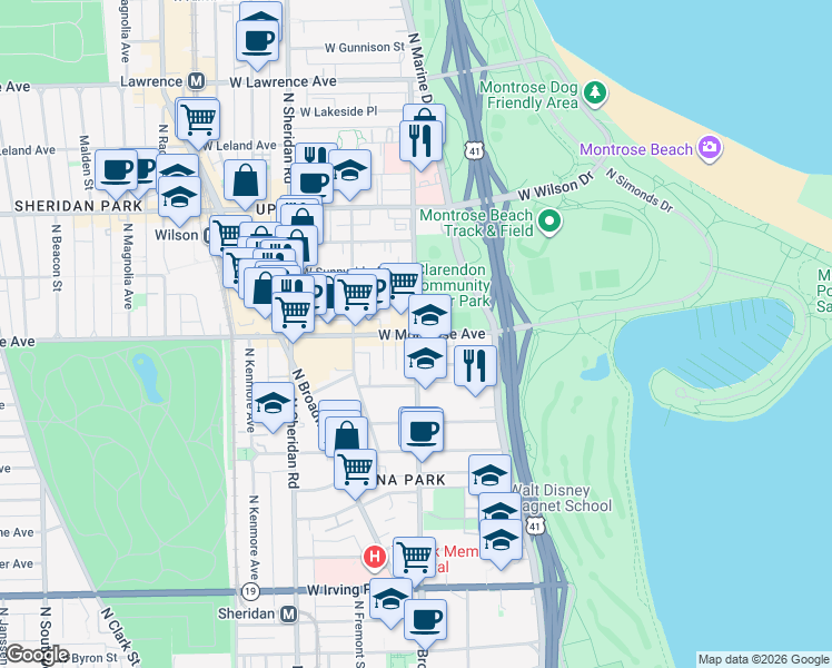 map of restaurants, bars, coffee shops, grocery stores, and more near W Montrose Ave & N Clarendon Ave in Chicago