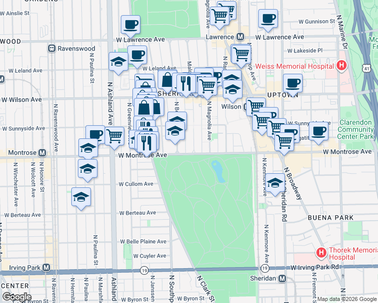 map of restaurants, bars, coffee shops, grocery stores, and more near 4426 North Malden Street in Chicago