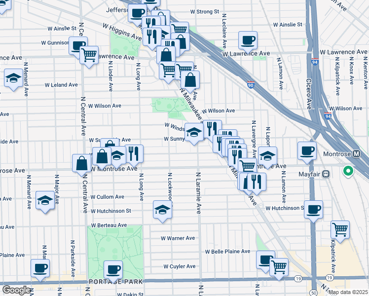 map of restaurants, bars, coffee shops, grocery stores, and more near 5257 West Windsor Avenue in Chicago
