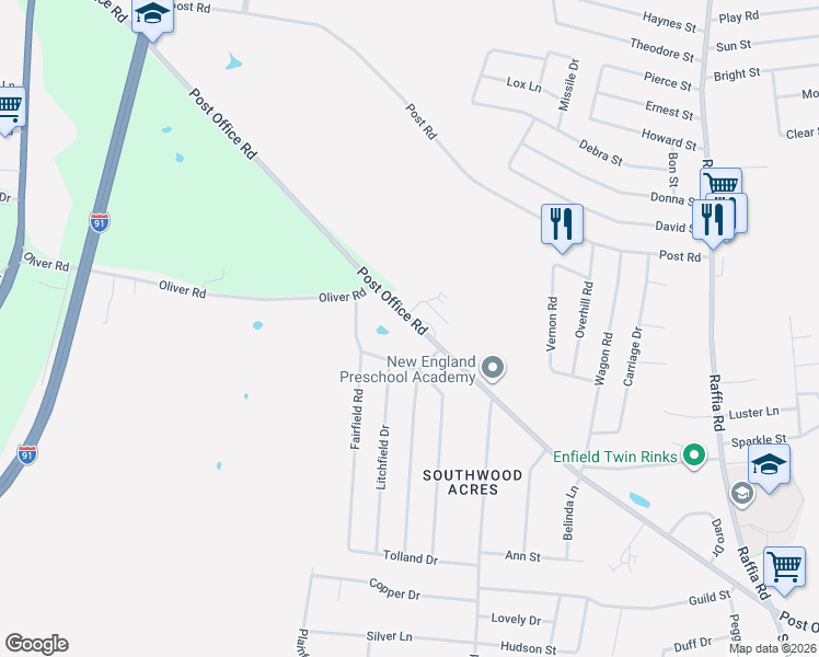 map of restaurants, bars, coffee shops, grocery stores, and more near 112 Post Office Road in Enfield