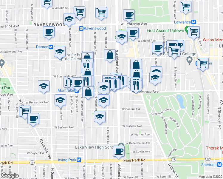 map of restaurants, bars, coffee shops, grocery stores, and more near 4431 North Paulina Street in Chicago