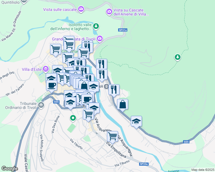 map of restaurants, bars, coffee shops, grocery stores, and more near 23 Via Valeria in Tivoli