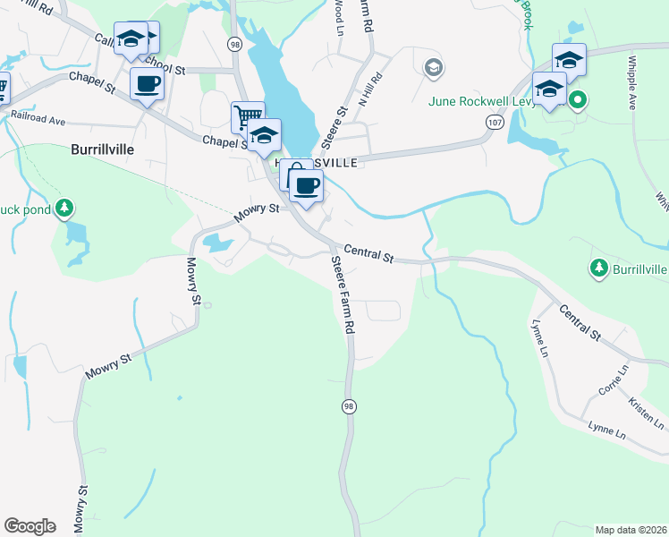 map of restaurants, bars, coffee shops, grocery stores, and more near 25 Central Street in Burrillville