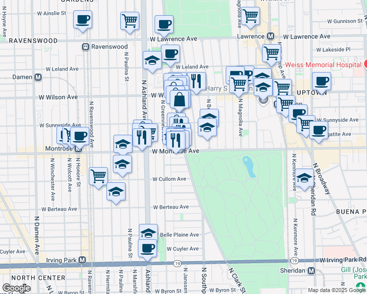 map of restaurants, bars, coffee shops, grocery stores, and more near 4415 North Clark Street in Chicago