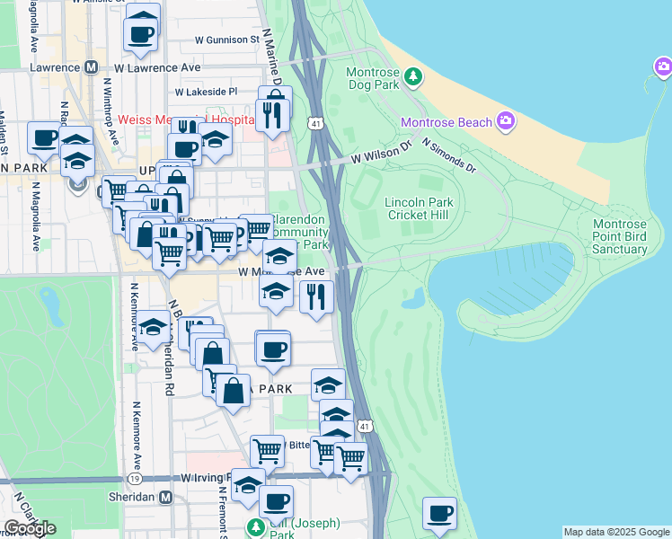 map of restaurants, bars, coffee shops, grocery stores, and more near in Chicago
