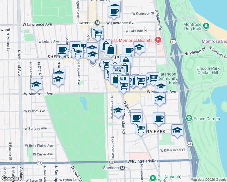 map of restaurants, bars, coffee shops, grocery stores, and more near in Chicago