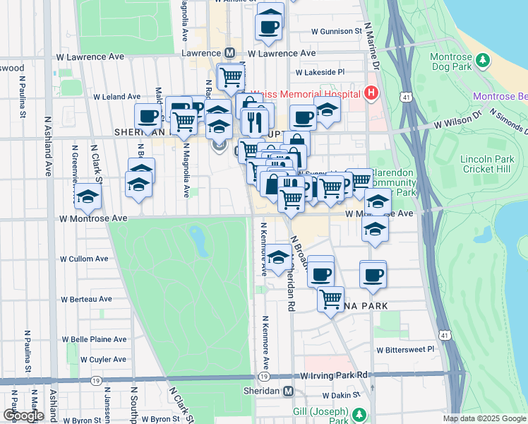 map of restaurants, bars, coffee shops, grocery stores, and more near 4466 North Broadway in Chicago